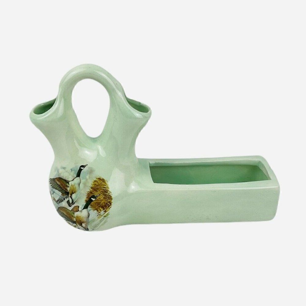 RARE VTG Green Double Opening Spout Bud Vase Planter Geese Mallard Duck Signed
